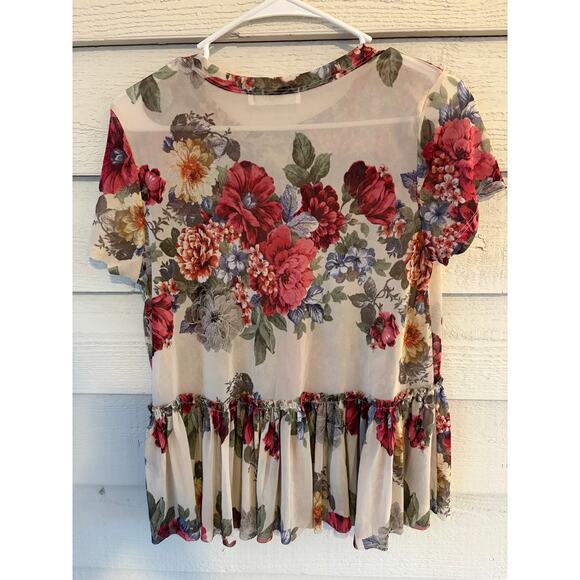 MOD Floral Peplum Top Medium Sheer Mesh Cottagecore Boho Romantic Blouse - Picture 6 of 6